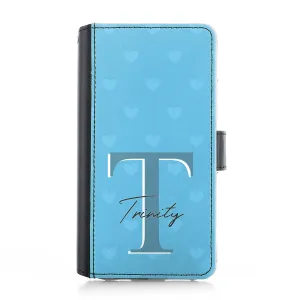 Personalised Samsung Leather Case - Baby Blue Heart Monogram and Name