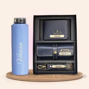 Personalised Violet Classic Smart Bottle (1 Litre) & All in One Men's Combo (3 pcs) - Royal Blue