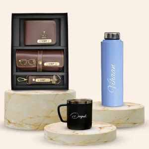 Personalised Voilet Classic Smart Bottle (1 Litre), Stainless Steel Mug & All in One Men's Combo (3 pcs) - Brown