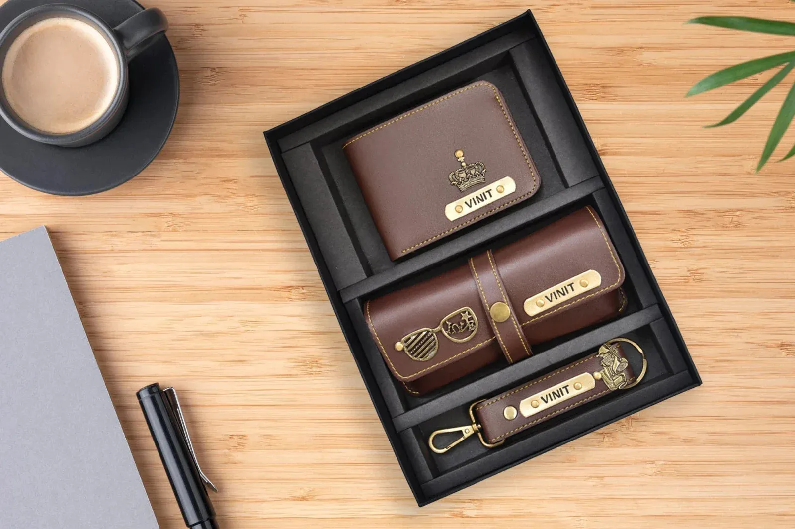 Personalised Voilet Classic Smart Bottle (1 Litre), Stainless Steel Mug & All in One Men's Combo (3 pcs) - Brown