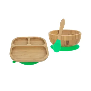 Personalised Wooden Tiny Dining Bamboo Plate, Bowl, and Spoon Set- Green