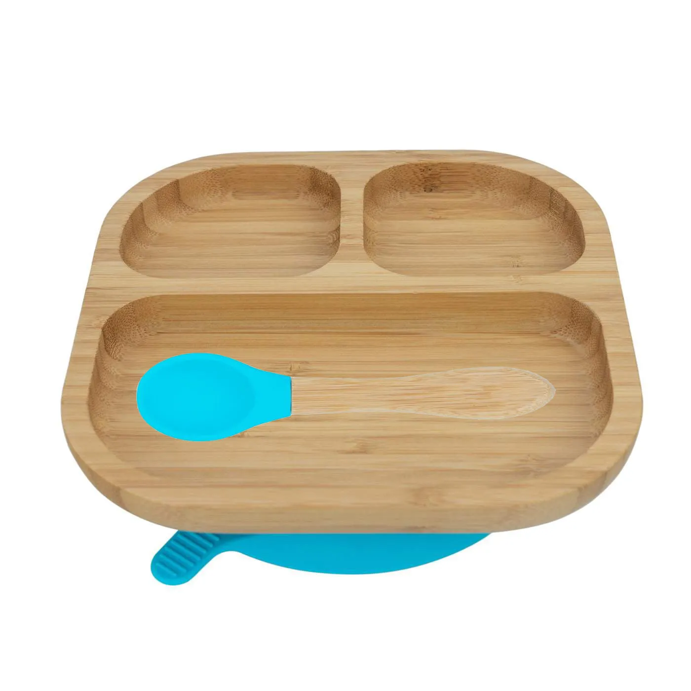 Personalised Wooden Tiny Dining Bamboo Plate with suction cup and Spoon - Blue By Babba Box
