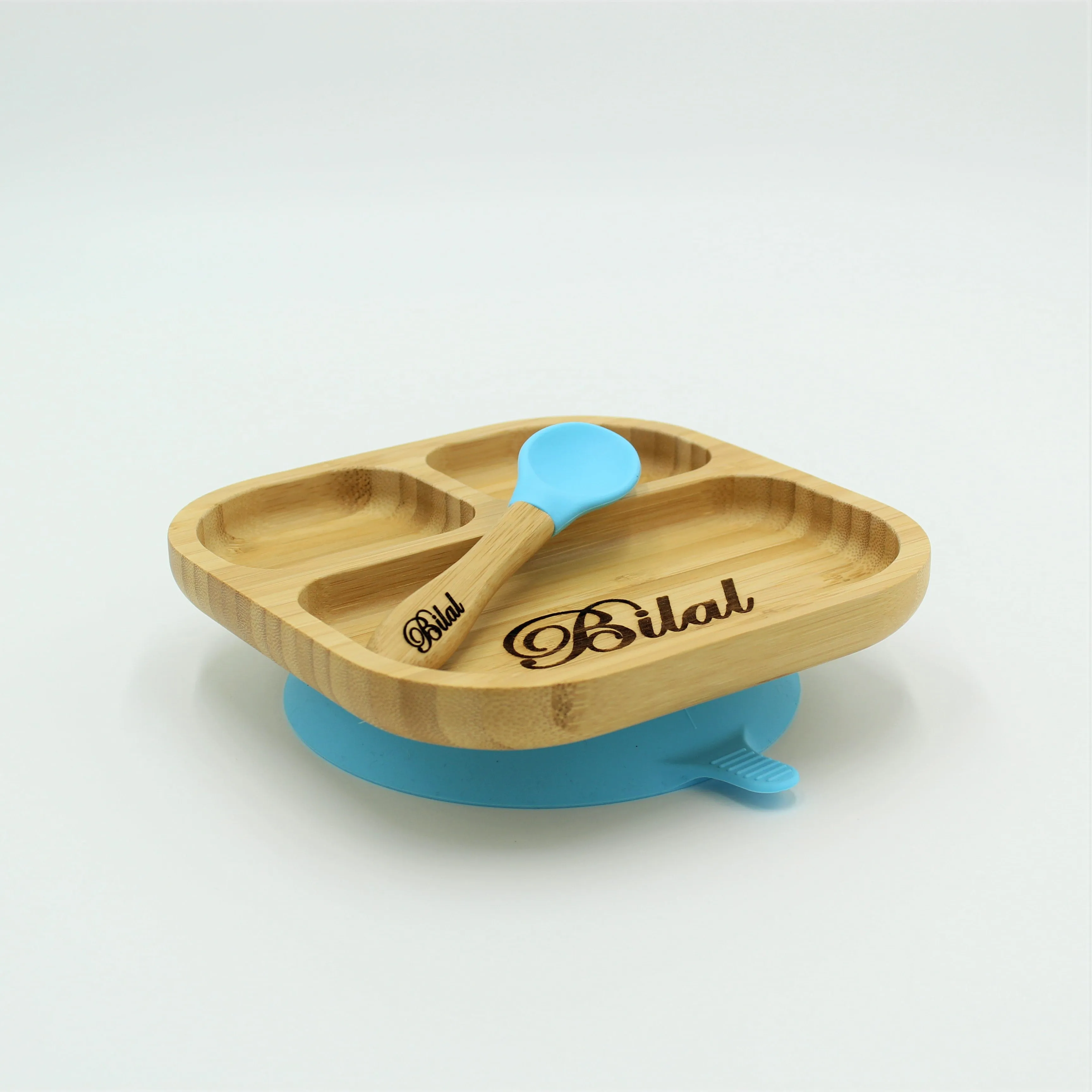 Personalised Wooden Tiny Dining Bamboo Plate with suction cup and Spoon - Blue By Babba Box
