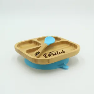 Personalised Wooden Tiny Dining Bamboo Plate with suction cup and Spoon - Blue By Babba Box