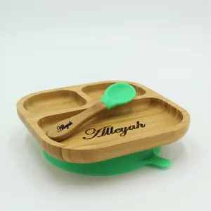 Personalised Wooden Tiny Dining Bamboo Plate with suction cup and Spoon - Green - By Babba Box