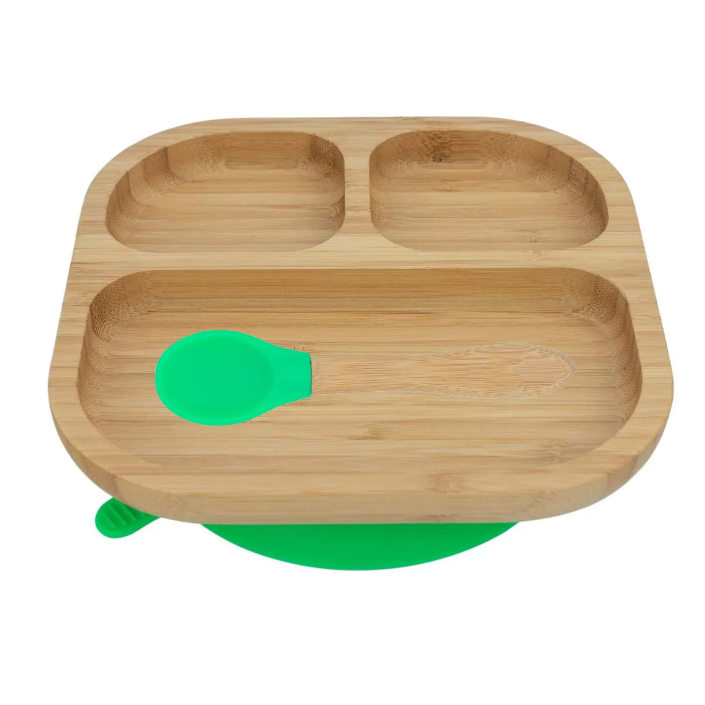 Personalised Wooden Tiny Dining Bamboo Plate with suction cup and Spoon - Green - By Babba Box
