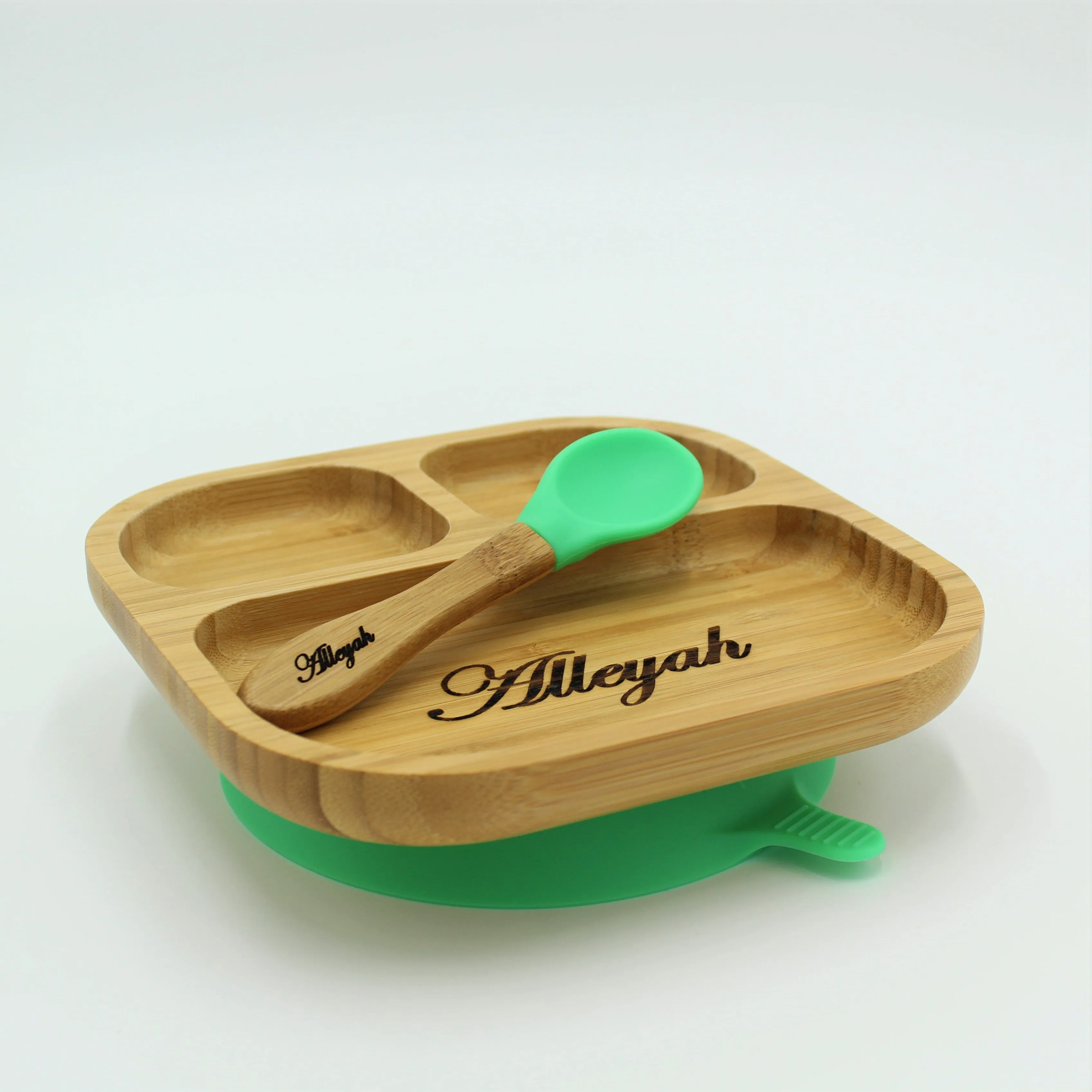 Personalised Wooden Tiny Dining Bamboo Plate with suction cup and Spoon - Green - By Babba Box