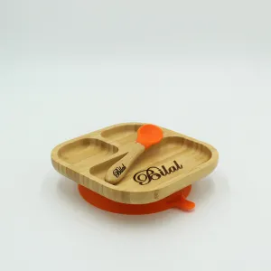 Personalised Wooden Tiny Dining Bamboo Plate with suction cup and Spoon - Orange - By Babba Box