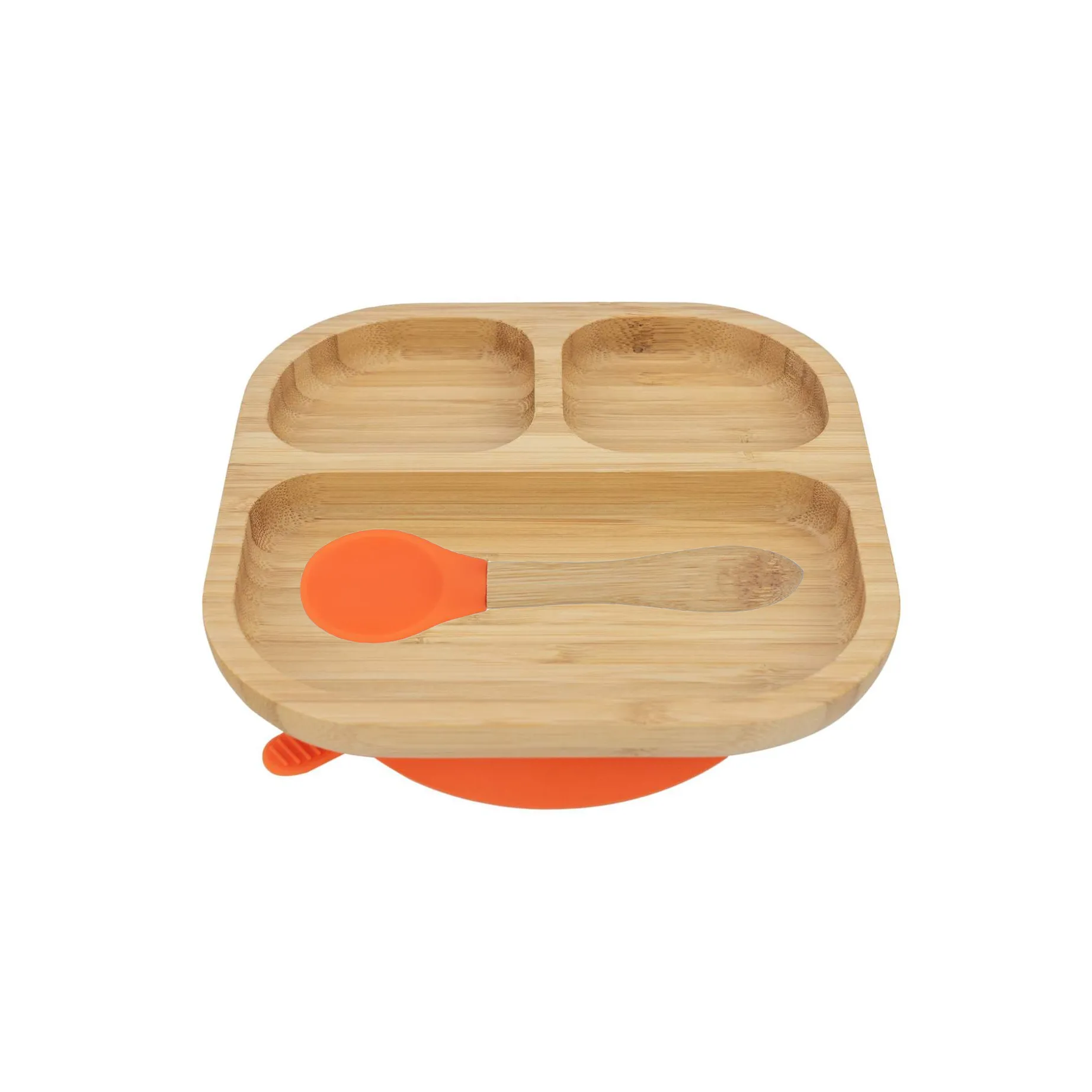 Personalised Wooden Tiny Dining Bamboo Plate with suction cup and Spoon - Orange - By Babba Box