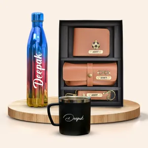 Personalized All in One Men's Combo (3 pcs) & Customized Rainbow Stainless Steel Water Bottles & Stainless Steel Mug - Tan