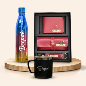 Personalized All in One Men's Combo (3 pcs) & Customized Rainbow Stainless Steel Water Bottles & Stainless Steel Mug - Wine