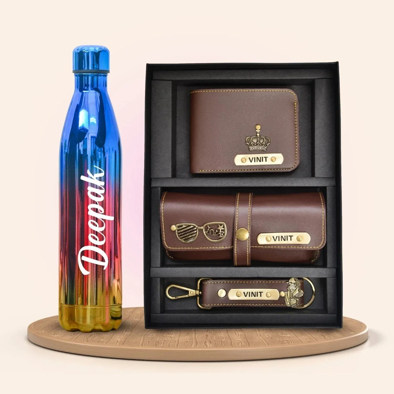 Personalized All in One Men's Combo (3 pcs) & Customized Rainbow Stainless Steel Water Bottles - Brown