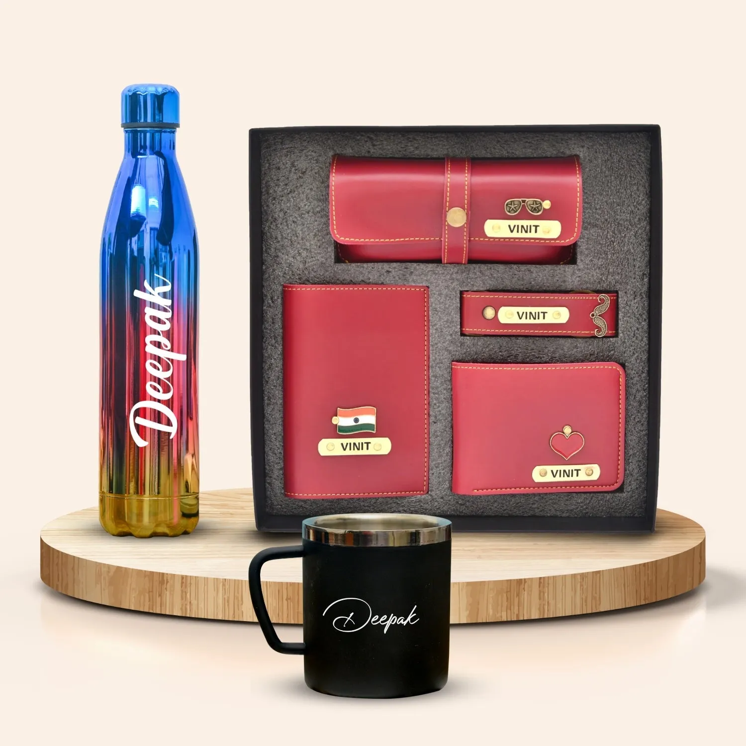 Personalized All in One Men's Combo (4 pcs) & Customized Rainbow Stainless Steel Water Bottles & Stainless Steel Mug - Wine