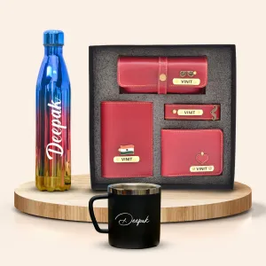 Personalized All in One Men's Combo (4 pcs) & Customized Rainbow Stainless Steel Water Bottles & Stainless Steel Mug - Wine