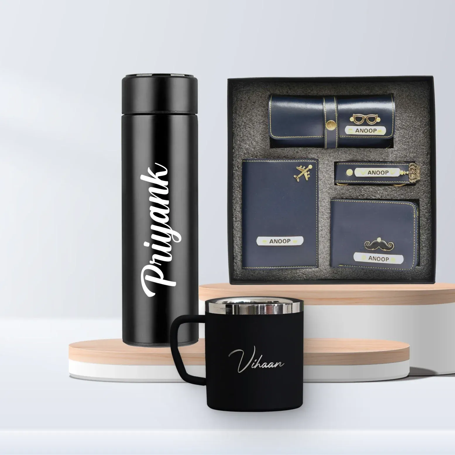 Personalized Stainless Steel Mug , Temperature Bottle & All in One Men's Combo (4 pcs) - Royal Blue