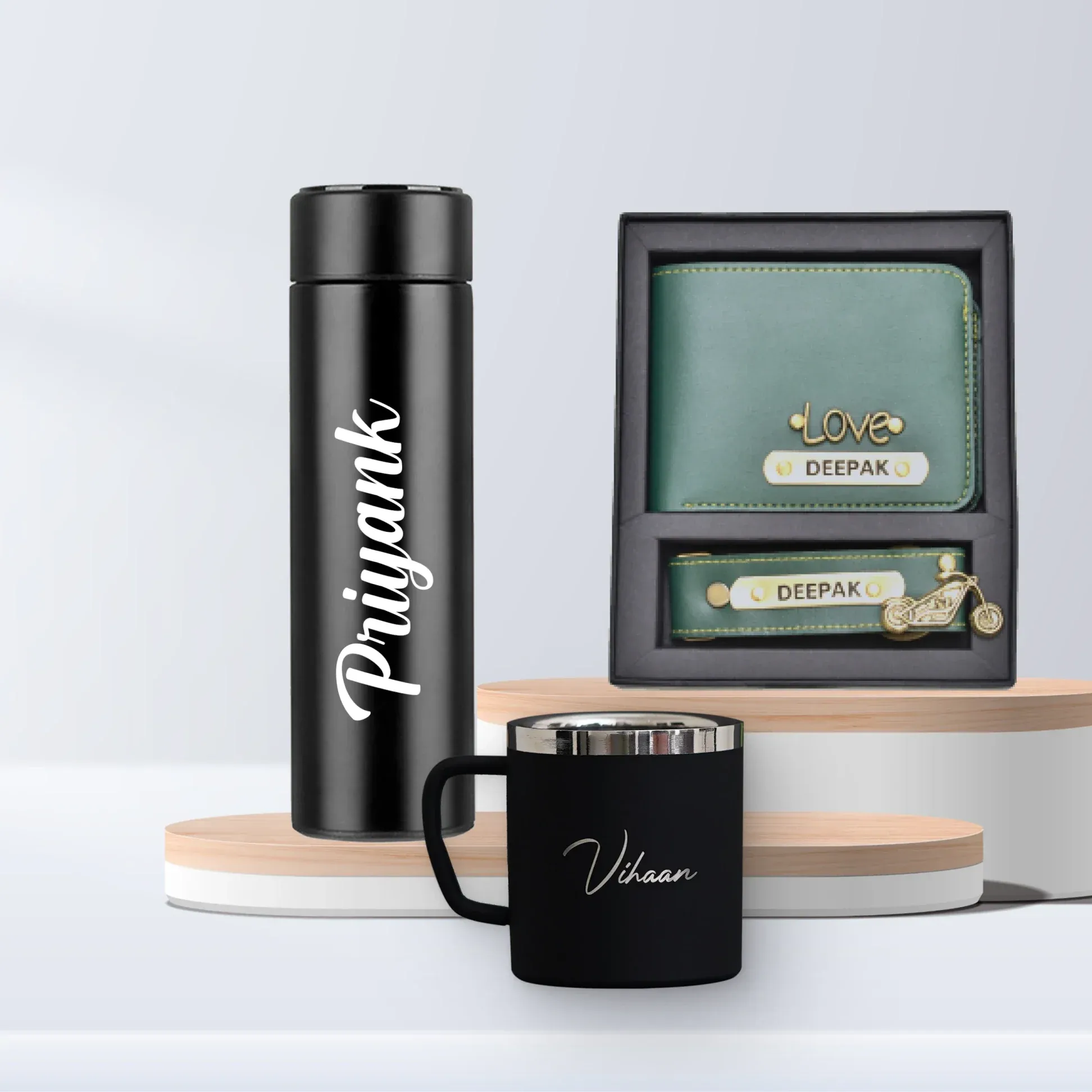 Personalized Temperature Bottle, Stainless Steel Mug & Men's Combo (2 pcs) - Olive Green