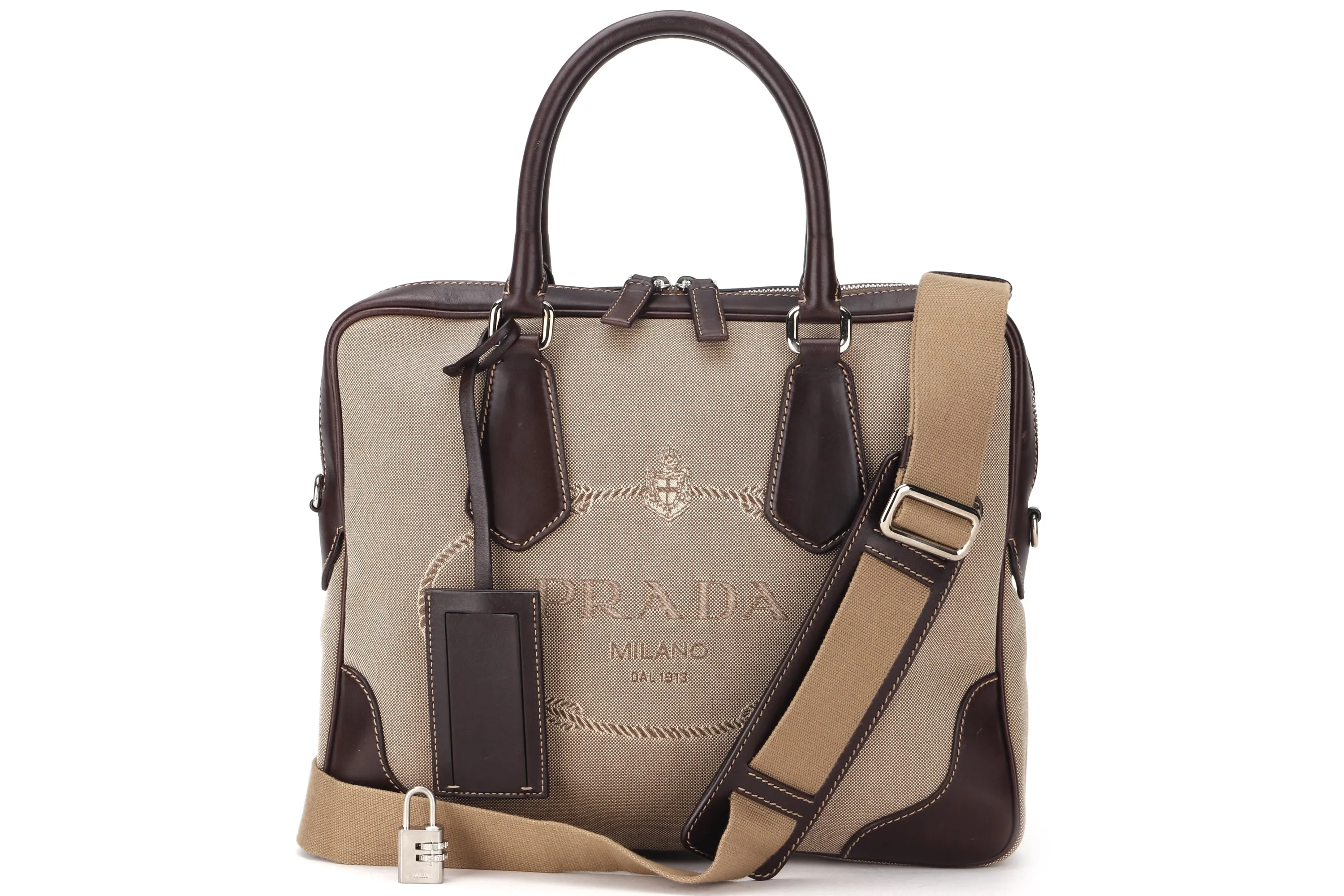 PRADA JACQUARD LOGO SHOULDER BAG CANVAS SILVER HARDWARE, WITH TAG, LOCK & STRAP, NO DUST COVER