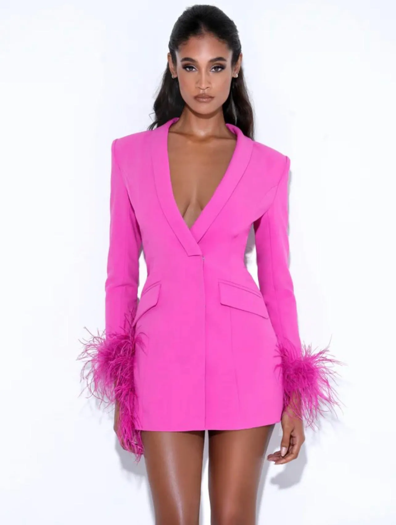 PRE-ORDER Natti Feather Trim Blazer Dress x Pink