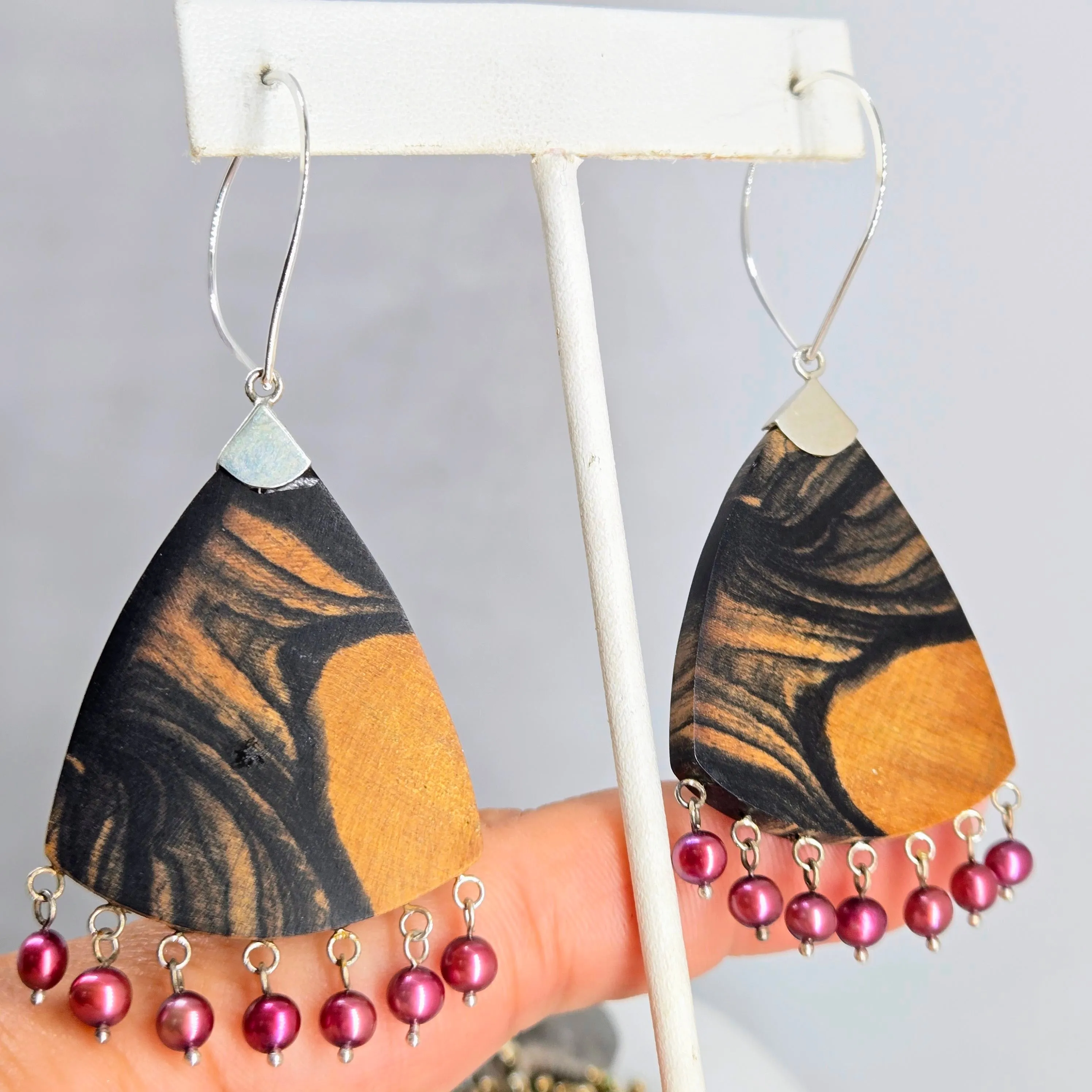 "Feather Berries!" 3" Earrings - Burl Wood, Pearls, Sterling