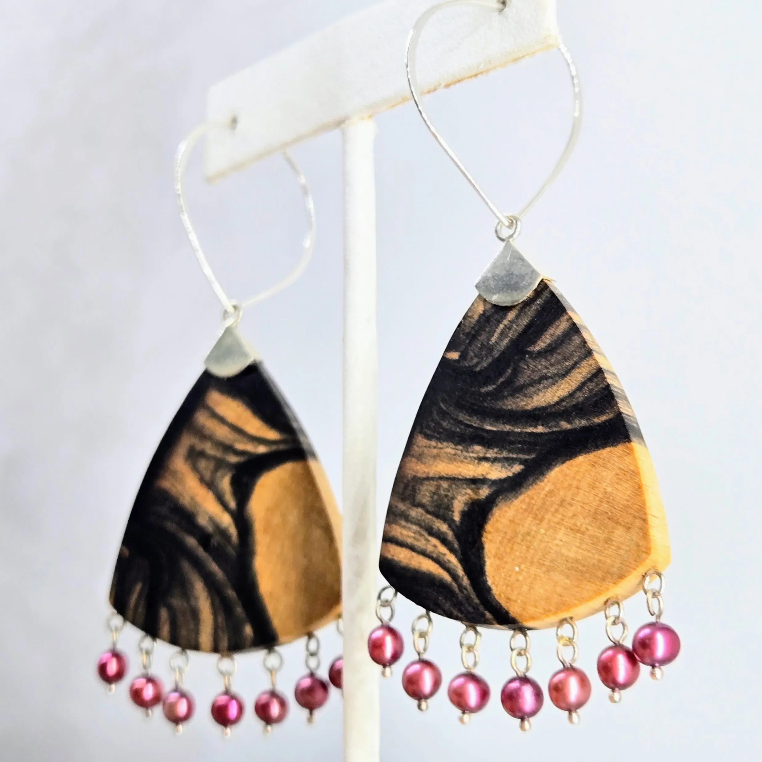 "Feather Berries!" 3" Earrings - Burl Wood, Pearls, Sterling