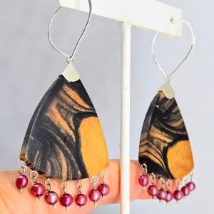 "Feather Berries!" 3" Earrings - Burl Wood, Pearls, Sterling