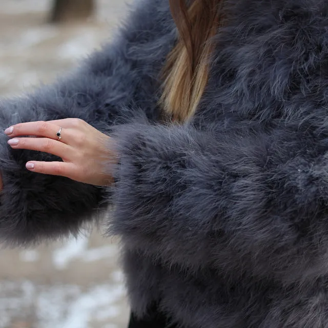 Real Ostrich Fur Jacket Lady Feather Coat Grey