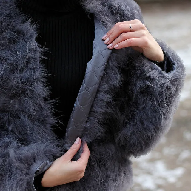 Real Ostrich Fur Jacket Lady Feather Coat Grey