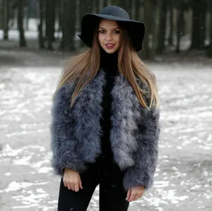 Real Ostrich Fur Jacket Lady Feather Coat Grey