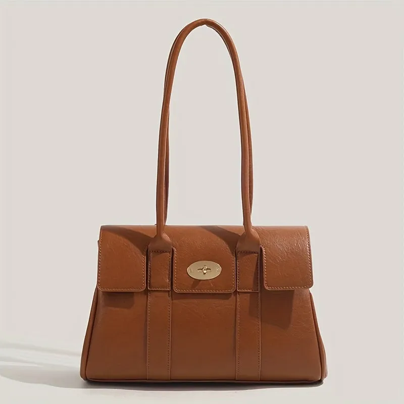 realaiot  Retro Briefcase Shoulder Bag, Minimalist Flap Handbag, Fashion Underarm Purse For Women