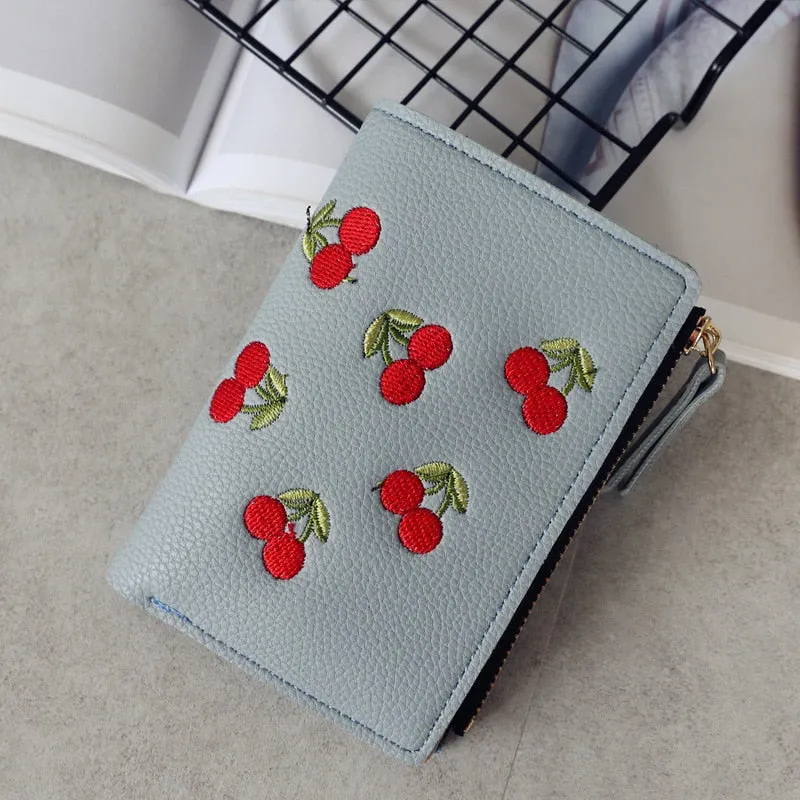 Realaiot Women's Vertical Buckle Cherry Embroidered Short Trend Small Wallet New Student Simple Fashion Wallet Women's Purse