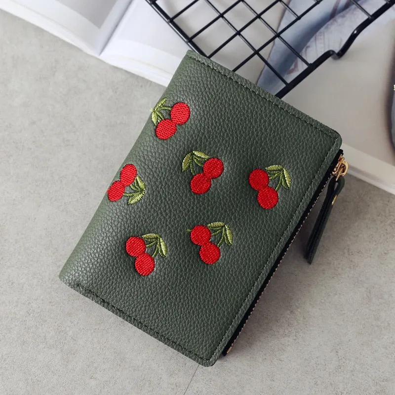 Realaiot Women's Vertical Buckle Cherry Embroidered Short Trend Small Wallet New Student Simple Fashion Wallet Women's Purse