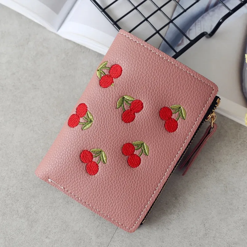 Realaiot Women's Vertical Buckle Cherry Embroidered Short Trend Small Wallet New Student Simple Fashion Wallet Women's Purse