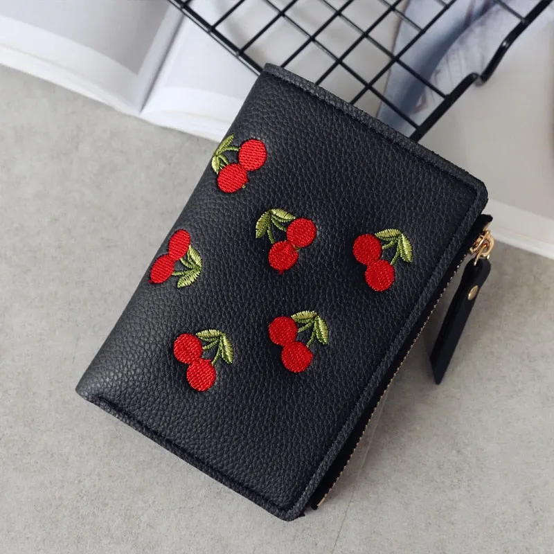 Realaiot Women's Vertical Buckle Cherry Embroidered Short Trend Small Wallet New Student Simple Fashion Wallet Women's Purse