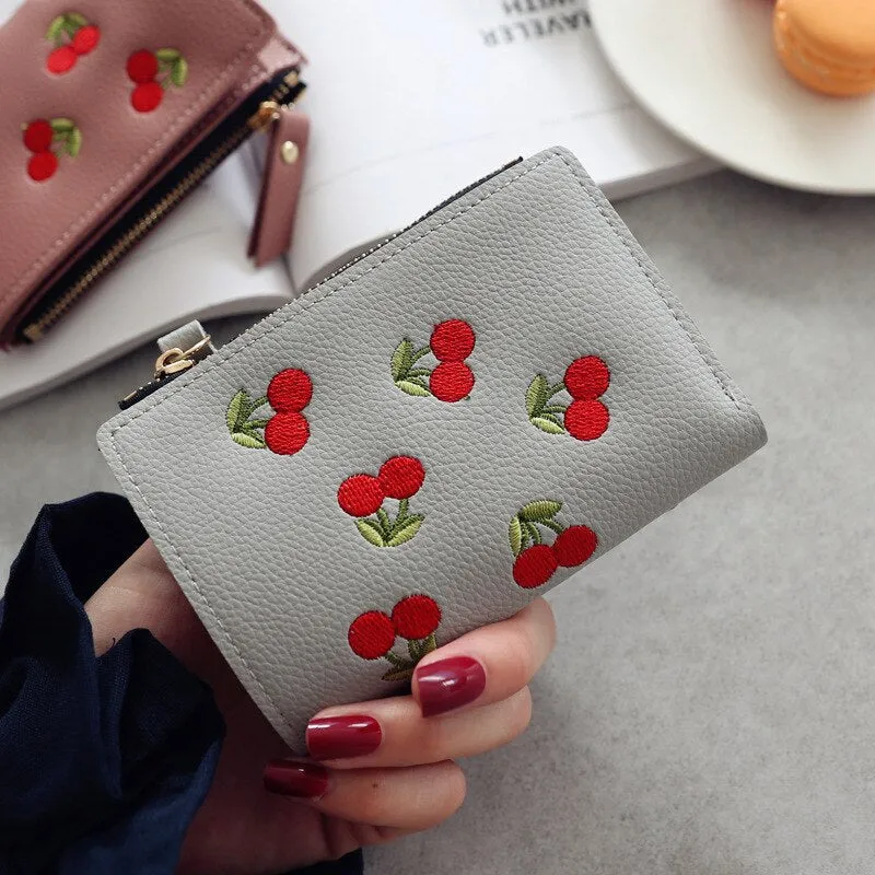 Realaiot Women's Vertical Buckle Cherry Embroidered Short Trend Small Wallet New Student Simple Fashion Wallet Women's Purse