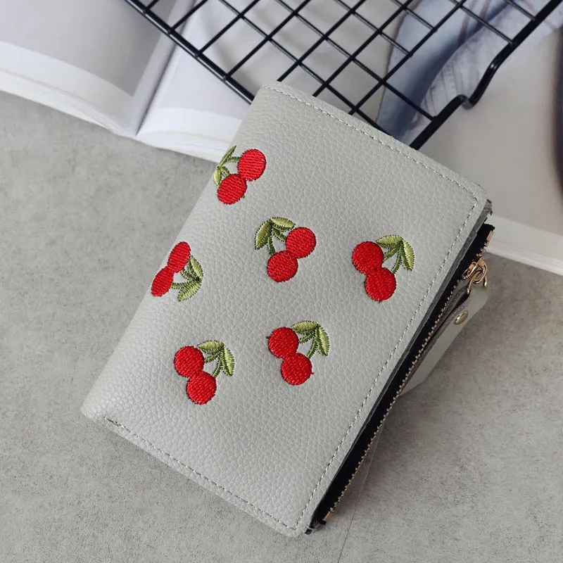 Realaiot Women's Vertical Buckle Cherry Embroidered Short Trend Small Wallet New Student Simple Fashion Wallet Women's Purse