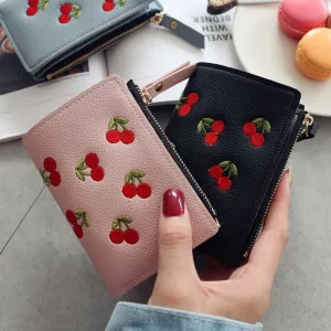 Realaiot Women's Vertical Buckle Cherry Embroidered Short Trend Small Wallet New Student Simple Fashion Wallet Women's Purse