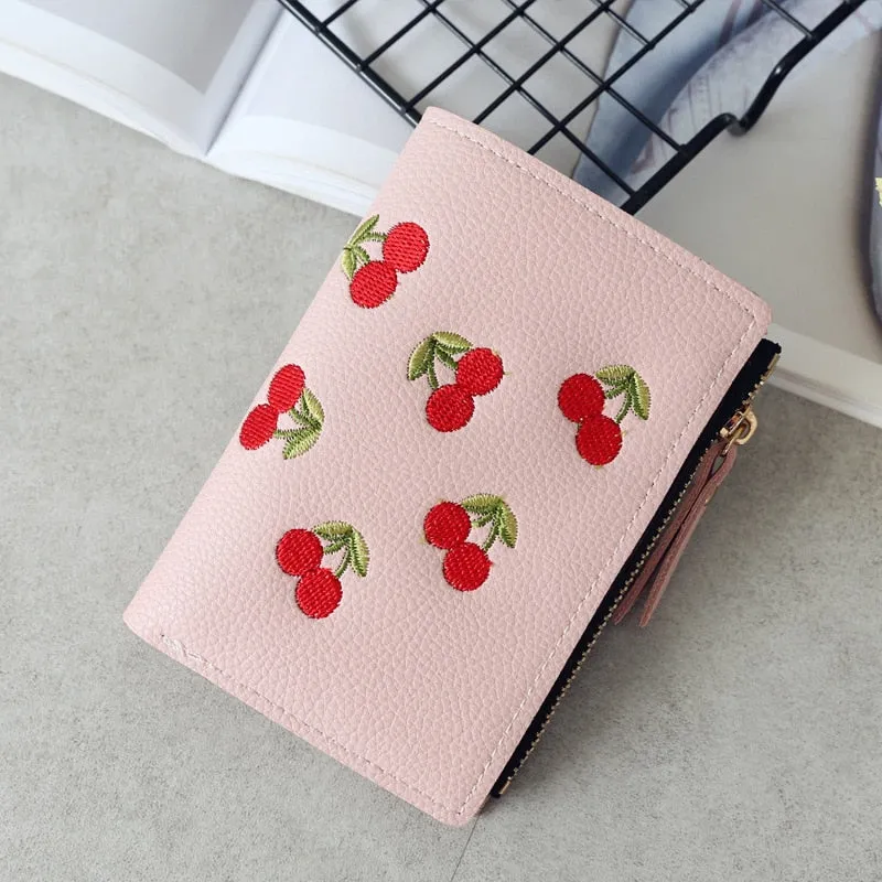 Realaiot Women's Vertical Buckle Cherry Embroidered Short Trend Small Wallet New Student Simple Fashion Wallet Women's Purse