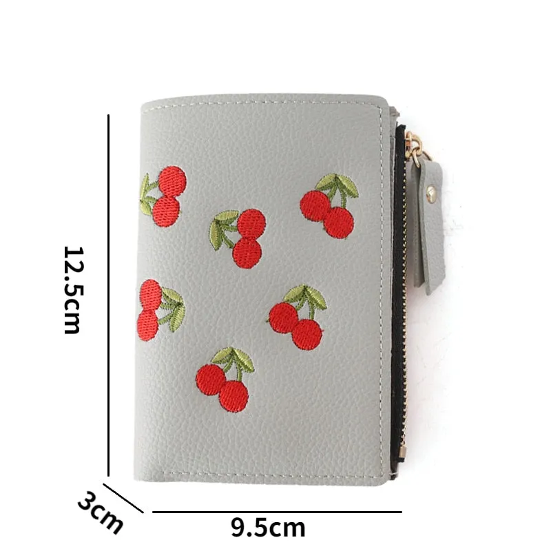 Realaiot Women's Vertical Buckle Cherry Embroidered Short Trend Small Wallet New Student Simple Fashion Wallet Women's Purse