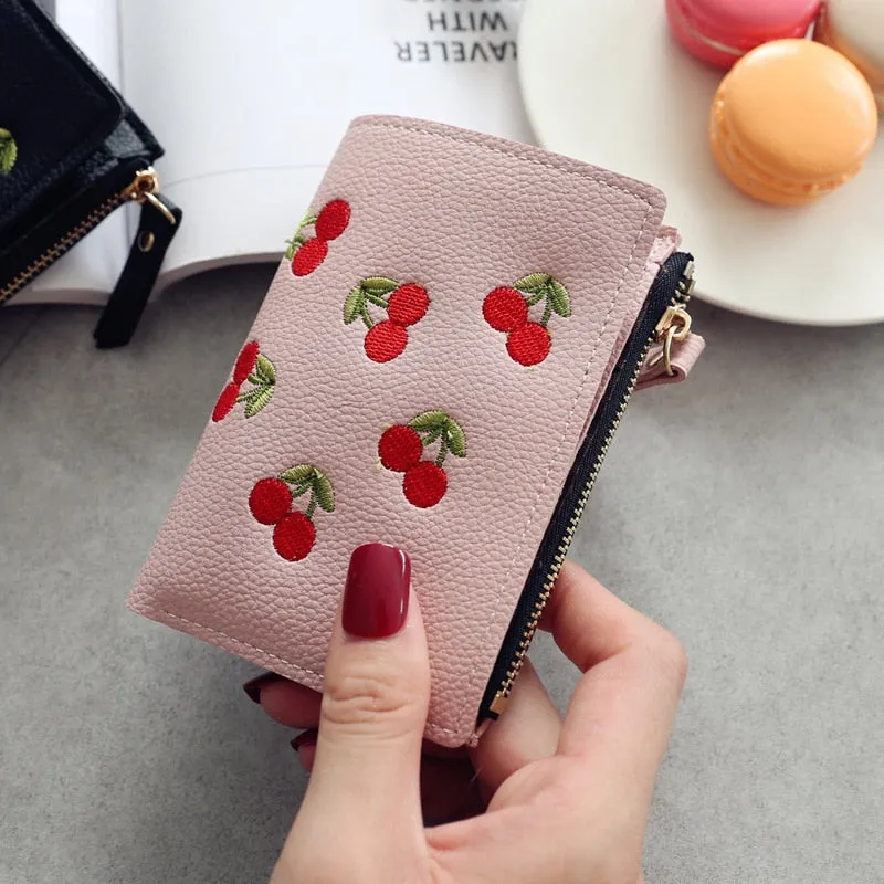 Realaiot Women's Vertical Buckle Cherry Embroidered Short Trend Small Wallet New Student Simple Fashion Wallet Women's Purse
