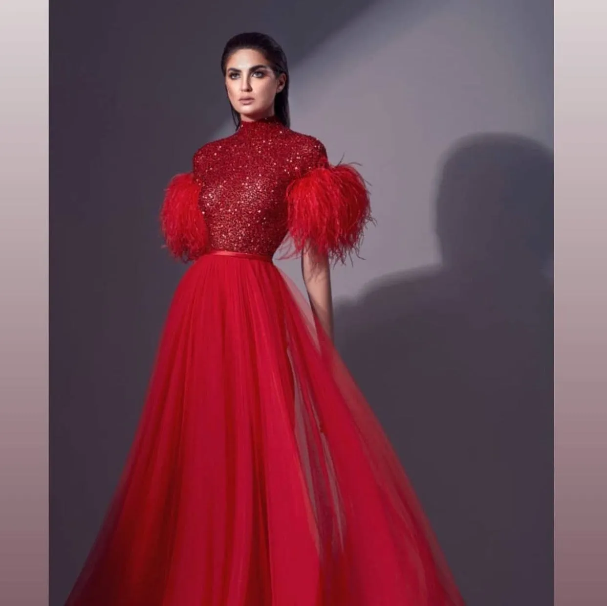 red prom dresses high neck feather vintage tulle a-line elegant prom gown robes de cocktail