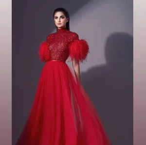 red prom dresses high neck feather vintage tulle a-line elegant prom gown robes de cocktail