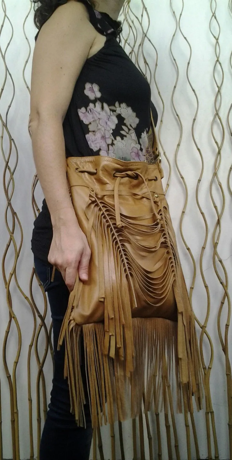 REDUCED PRICE!! Boho leather fringe bag, Camel color