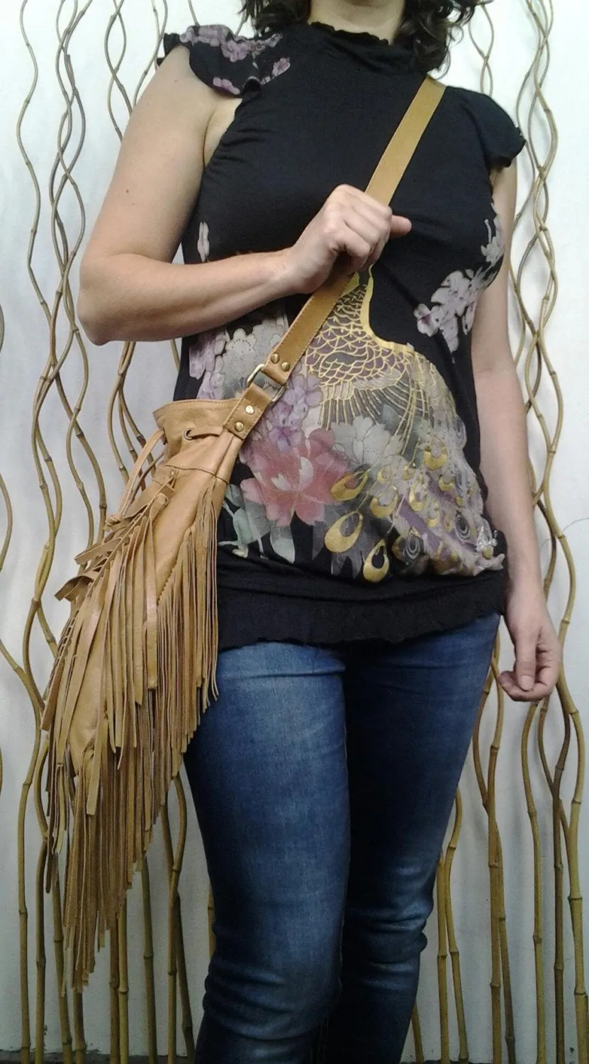 REDUCED PRICE!! Boho leather fringe bag, Camel color