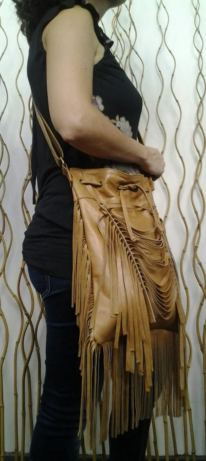 REDUCED PRICE!! Boho leather fringe bag, Camel color