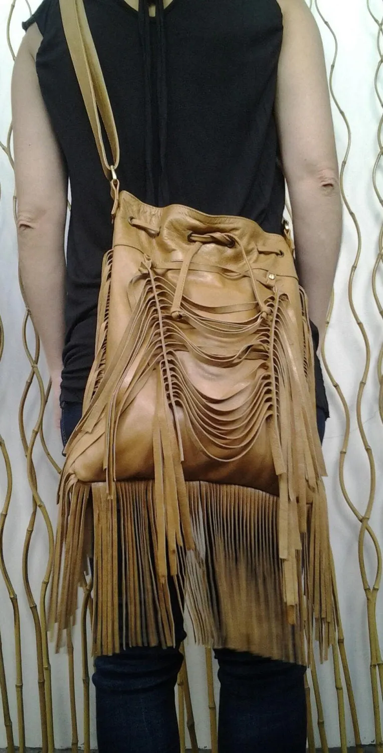 REDUCED PRICE!! Boho leather fringe bag, Camel color