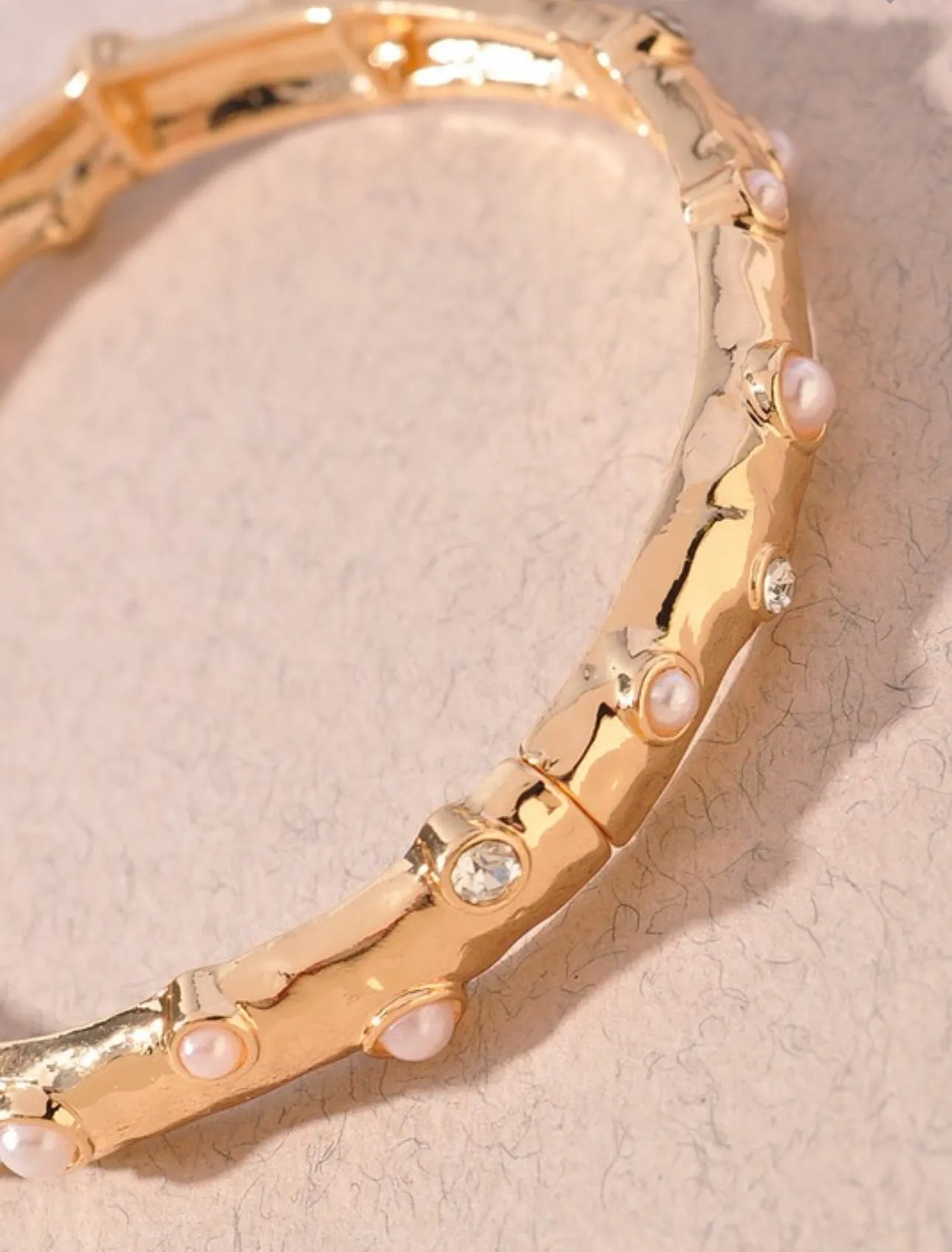 Rhinestone Pearl Hammered Metal Bracelet