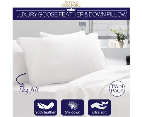 Royal Comfort Goose Down Feather Pillows 1000GSM 100% Cotton Cover - Twin Pack 50 x 75 cm White