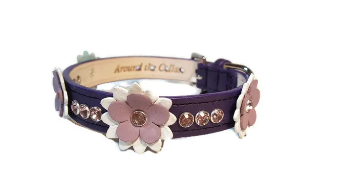 Rumi Flower Leather Dog Collar with 3 Crystals between Flower