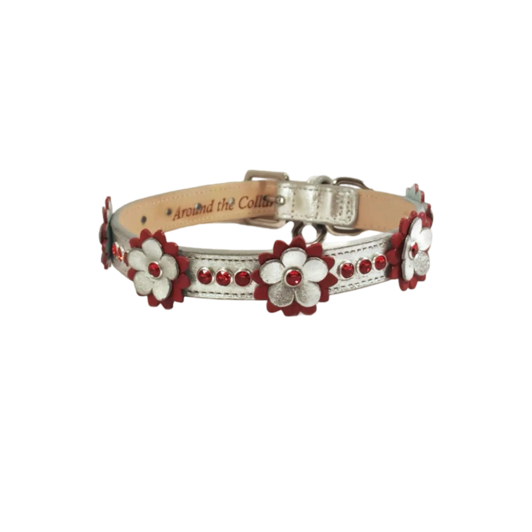Rumi Flower Leather Dog Collar with 3 Crystals between Flower