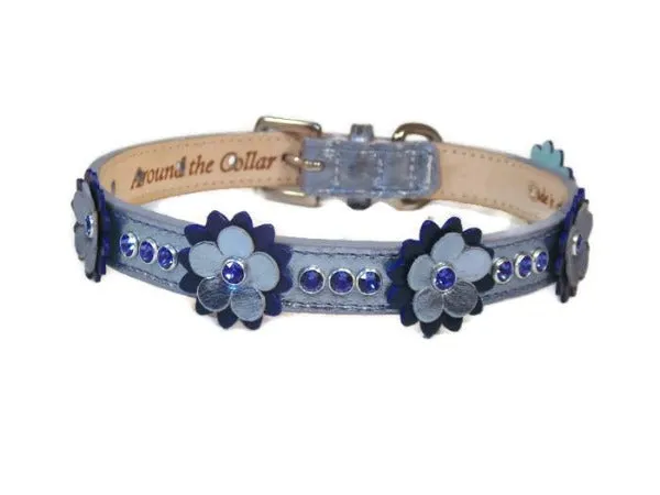 Rumi Flower Leather Dog Collar with 3 Crystals between Flower